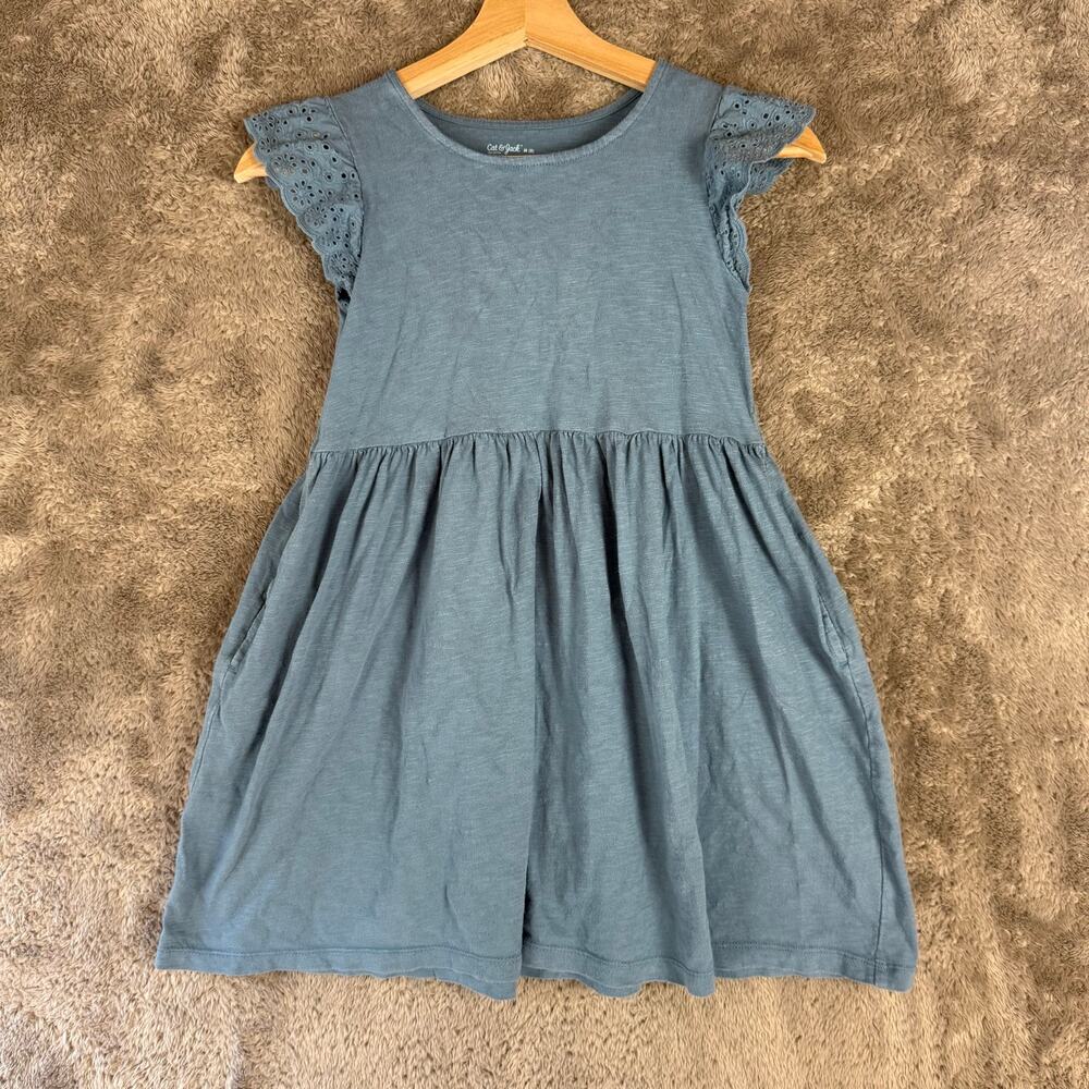 Cat & Jack Blue Cotton Dress Eyelet Flutter Sleeves Pockets M Medium 8 Girls